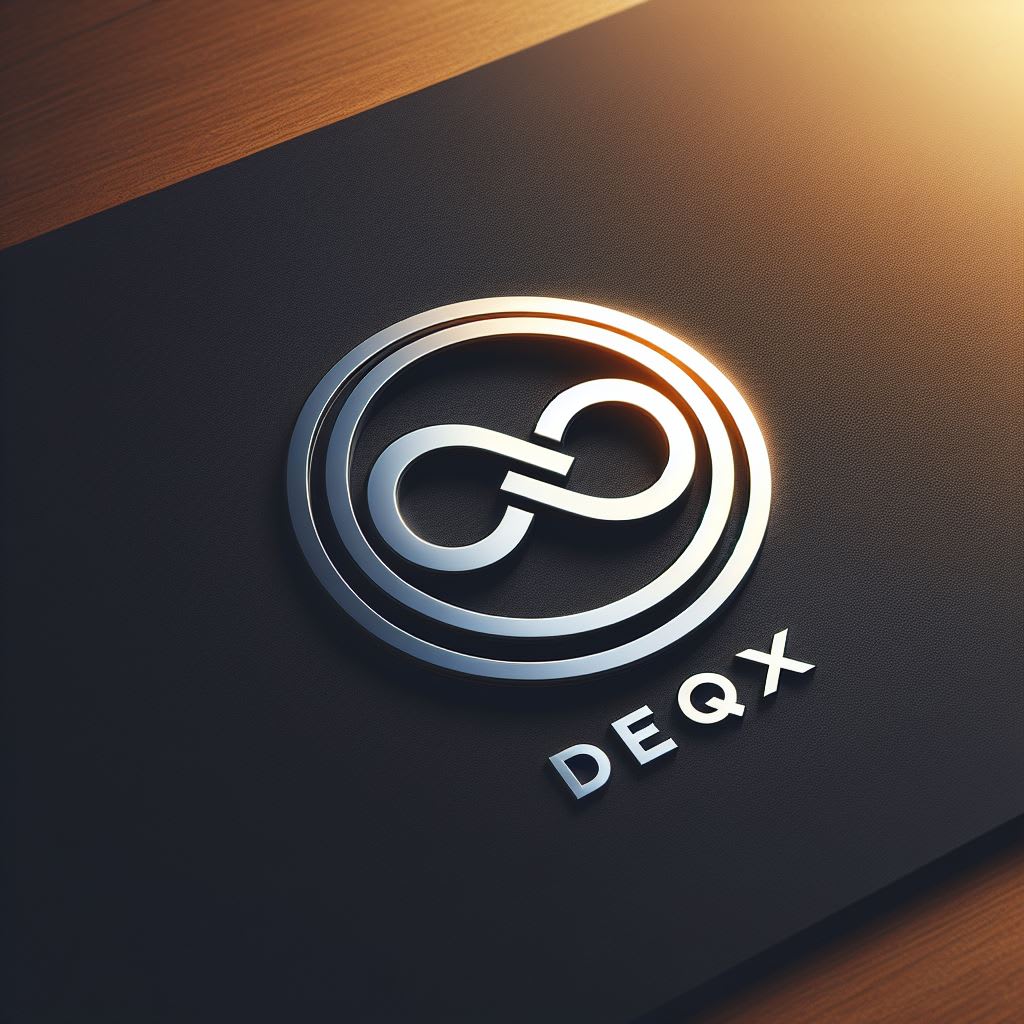 silver DEQX logo on a black board placed on a wooden desk